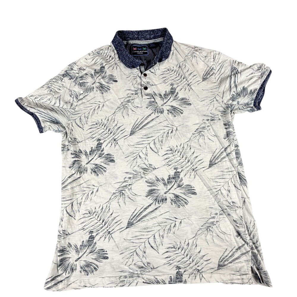 Charleston Threads Polo Shirt Mens XL (Fits Med.) White Floral Hawaiian Tropical